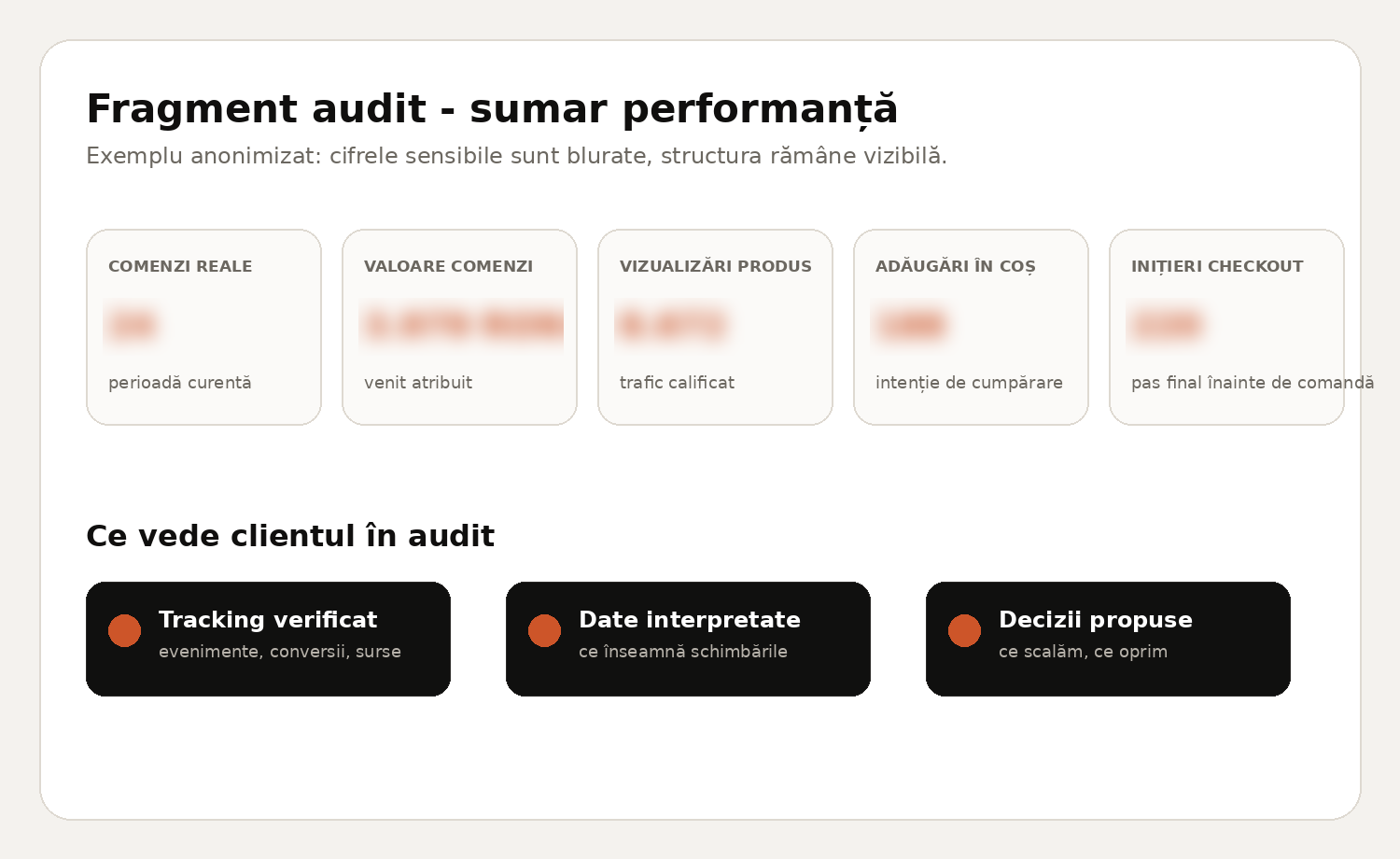 Fragment anonimizat dintr-un audit Pixquality cu sumar KPI blurat