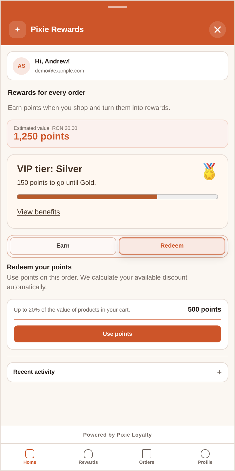 Pixie launcher on a phone: 1,250 points, Silver VIP tier and point redemption. Demonstration data.