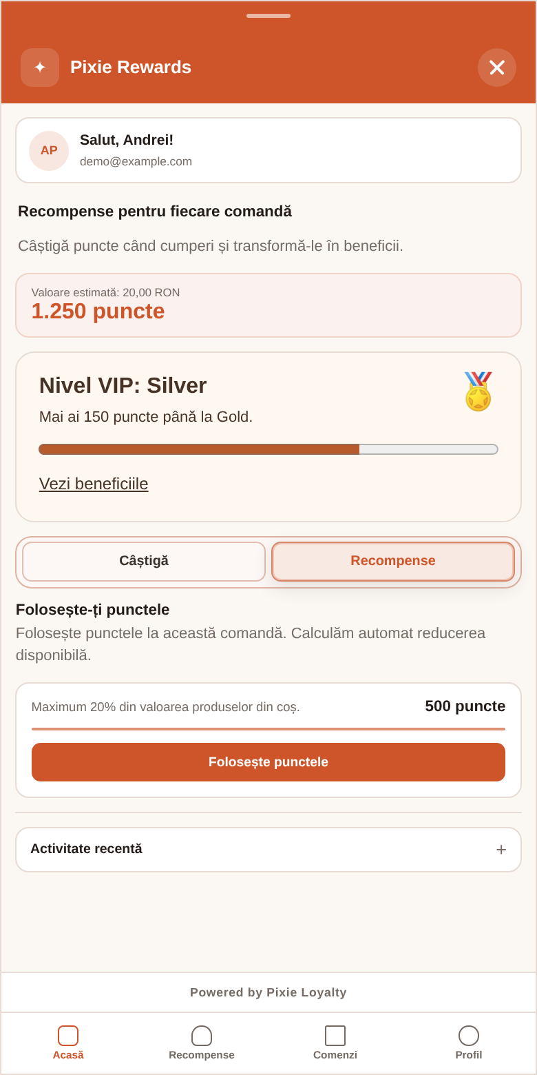 Launcherul Pixie pe telefon: 1.250 de puncte, nivel VIP Silver și folosirea punctelor pentru recompense. Date demonstrative.