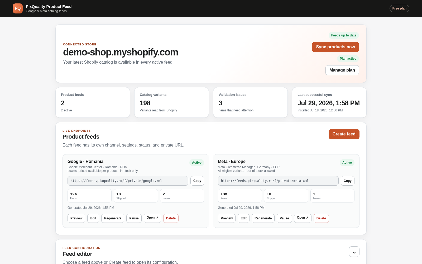 PixQuality Product Feed dashboard with Google and Meta feeds